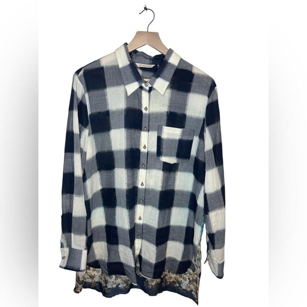 Soft Surroundings Buffalo Plaid Floral Chiffon Back Button Down Top Size L